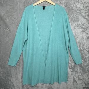 Eileen Fisher Sweater Cardigan Womens XL Aqua Open Front Longline Organic Linen